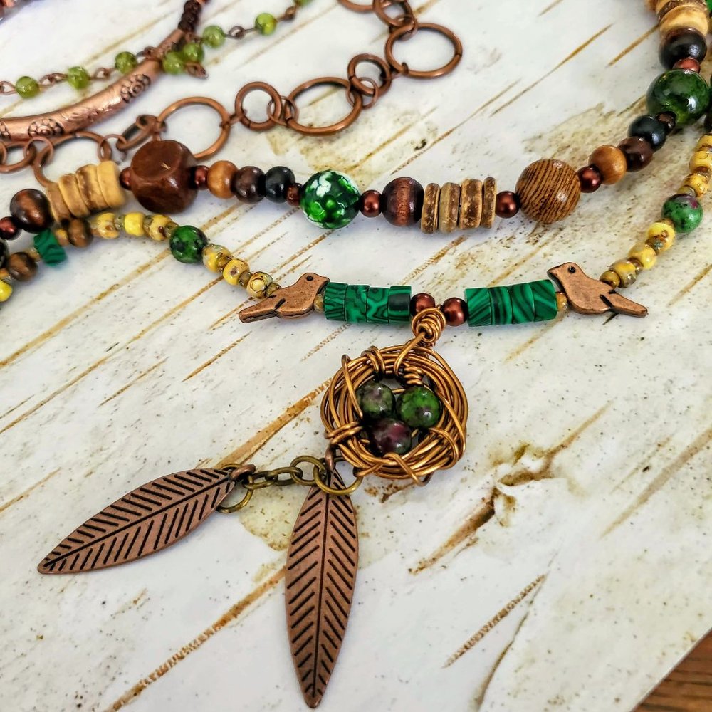 Green and Brown Nature-Inspired Necklace with Leaf Charms